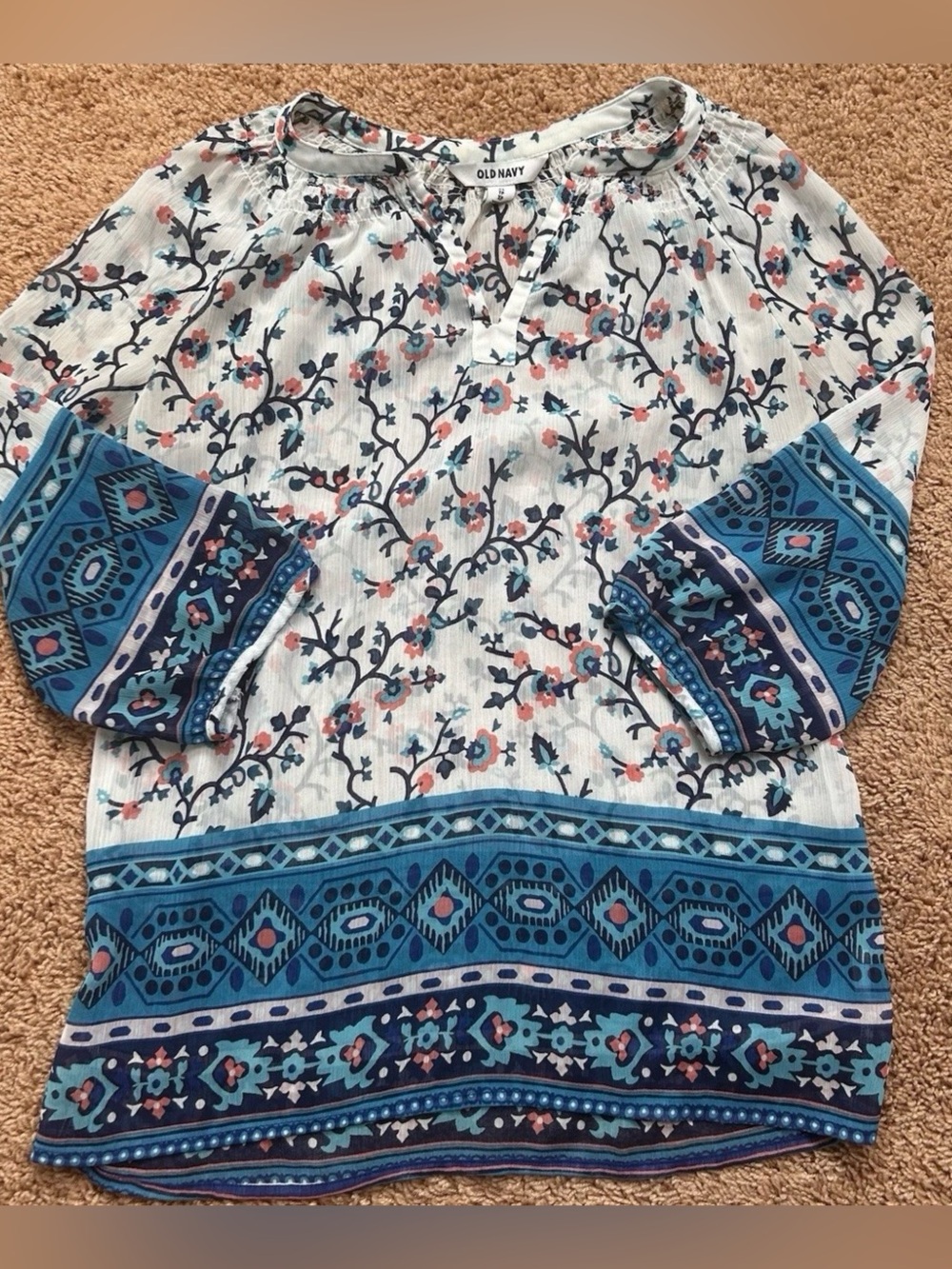 Old Navy Floral Geometric Print 3/4 Boho Peasant Flowy Feminine Blouse Sheer XS